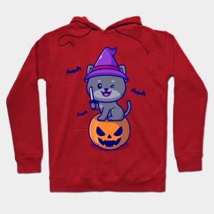 Cute Witch Cat Sitting On Pumpkin Halloween Holding Knife  Cartoon Hoodie